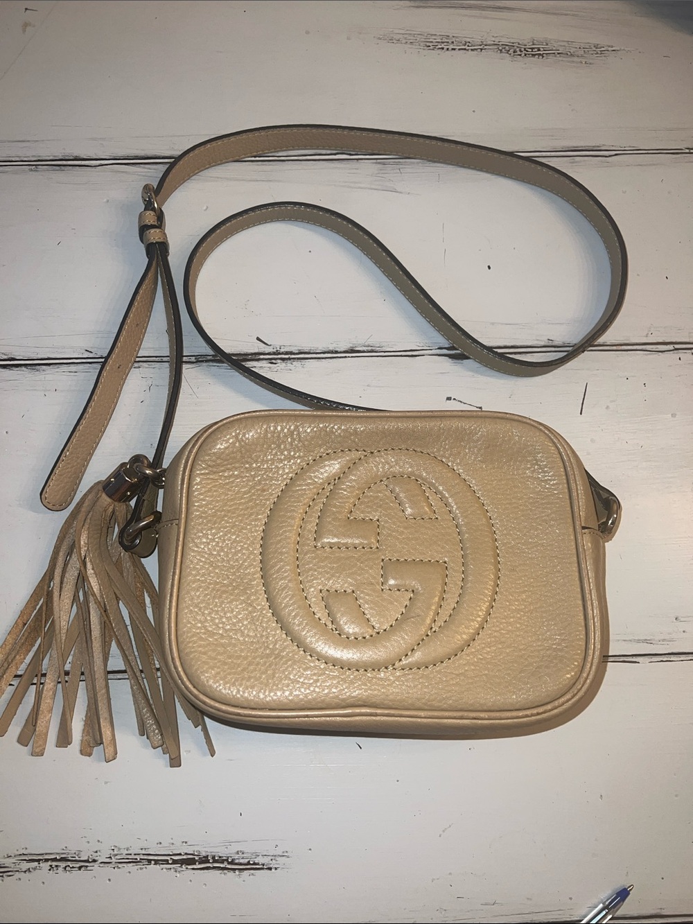 Gucci Beige Pebbled Leather Soho Crossbody with Tassel